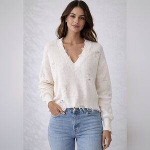 SER.O.YA Distressed Cream Knit V Neck Sweater -Size Small